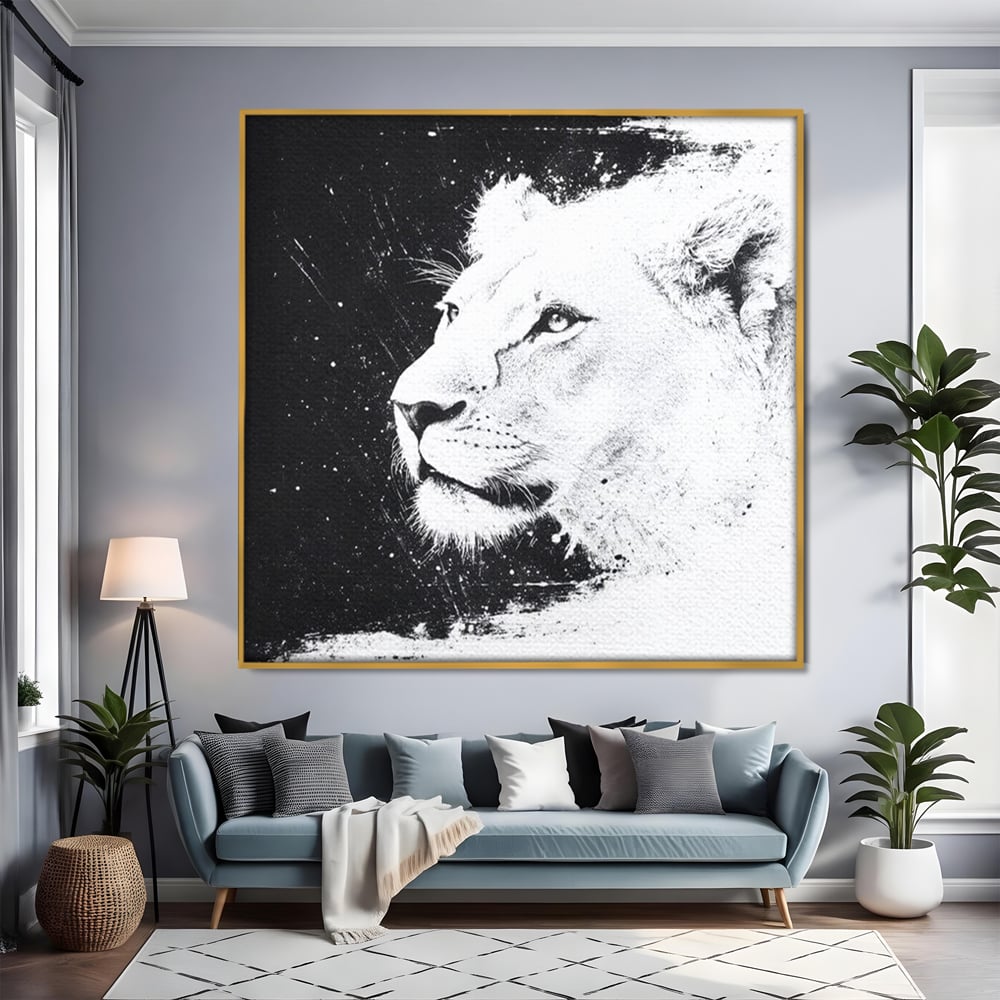 Tablou canvas cu tablou canvas cu leoaica in profil, in rama de aluminiu auriu, pe perete intr-un living
